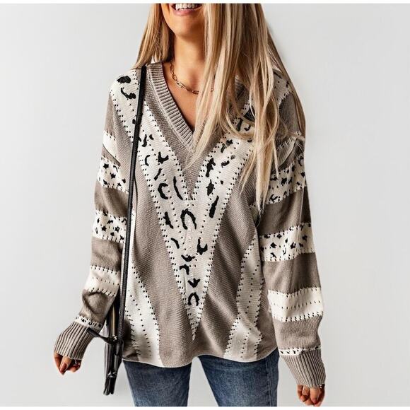 Leopard Print Striped V-Neck Sweater NWOT Sz 2XL Granny Cozy Nautical Fisherman - Picture 1 of 12